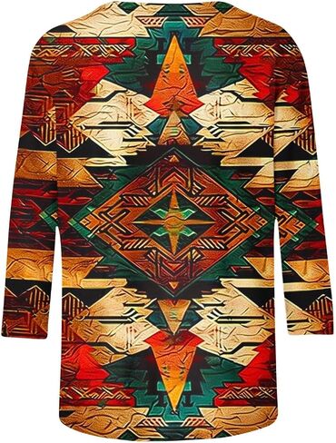 Plus Size 3/4 Sleeve Tops for Women Summer Western Aztec Print Tunic Shirts Dressy Casual Loose Fit Blouses in Kuwait