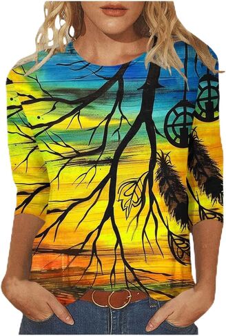 Plus Size 3/4 Sleeve Tops for Women Summer Western Aztec Print Tunic Shirts Dressy Casual Loose Fit Blouses in Kuwait