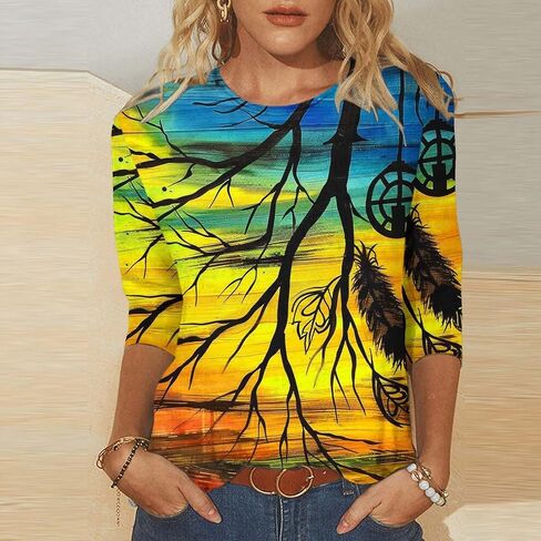Plus Size 3/4 Sleeve Tops for Women Summer Western Aztec Print Tunic Shirts Dressy Casual Loose Fit Blouses in Kuwait