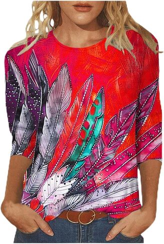 Plus Size 3/4 Sleeve Tops for Women Summer Western Aztec Print Tunic Shirts Dressy Casual Loose Fit Blouses in Kuwait