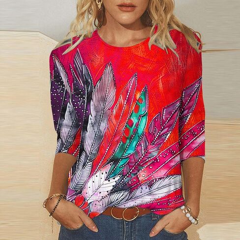 Plus Size 3/4 Sleeve Tops for Women Summer Western Aztec Print Tunic Shirts Dressy Casual Loose Fit Blouses in Kuwait