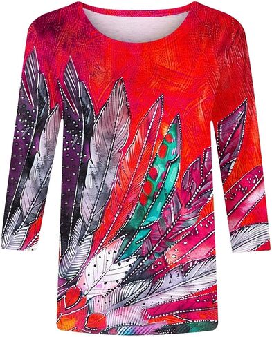 Plus Size 3/4 Sleeve Tops for Women Summer Western Aztec Print Tunic Shirts Dressy Casual Loose Fit Blouses in Kuwait