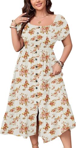 SCOMCHIC Womens Plus Size Summer Dresses Short Sleeve Square Neck Button Down Smocked Casual Ruffle Slit Maxi Boho Dress in Saudi Arabia