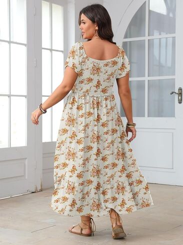 SCOMCHIC Womens Plus Size Summer Dresses Short Sleeve Square Neck Button Down Smocked Casual Ruffle Slit Maxi Boho Dress in Saudi Arabia
