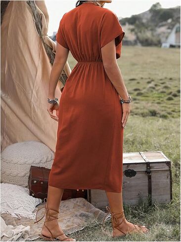 SOLY HUX Women's Plus Size Wrap V Neck Knot Side Midi Dress Short Sleeve Flowy Party Dresses in Saudi Arabia