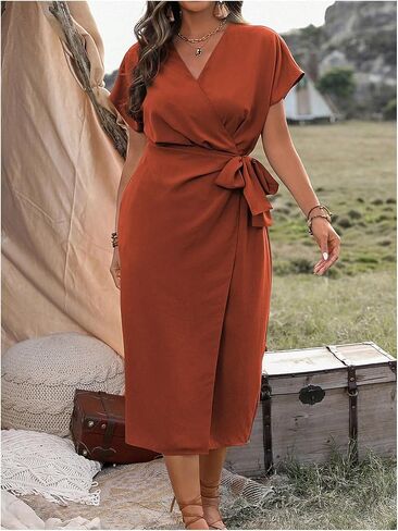 SOLY HUX Women's Plus Size Wrap V Neck Knot Side Midi Dress Short Sleeve Flowy Party Dresses in Saudi Arabia