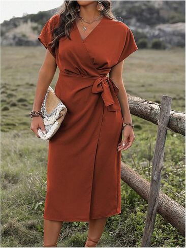 SOLY HUX Women's Plus Size Wrap V Neck Knot Side Midi Dress Short Sleeve Flowy Party Dresses in Saudi Arabia