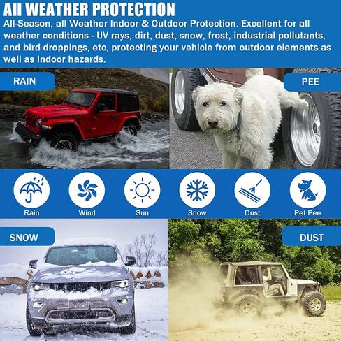 غطاء سيارة مقاوم للماء لسيارة Wrangler Jk، Cj، Yj، Tj & Jl 1987-2020 4 أبواب - غطاء خارجي كامل لجميع الأحوال الجوية، حماية من الشمس والأشعة فوق البنفسجية والغبار والثلج مع سحاب للباب in Kuwait