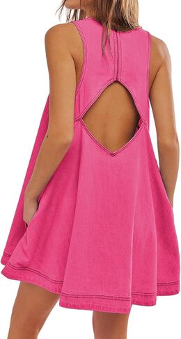 Women's Sleeveless Casual Denim Dress Crewneck Vintage Babydoll Jean Mini Dresses with Pockets in Saudi Arabia