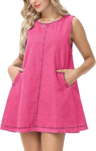 Women's Sleeveless Casual Denim Dress Crewneck Vintage Babydoll Jean Mini Dresses with Pockets in Saudi Arabia