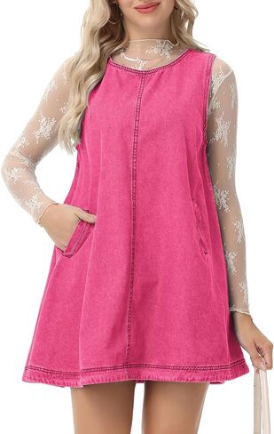 Women's Sleeveless Casual Denim Dress Crewneck Vintage Babydoll Jean Mini Dresses with Pockets in Saudi Arabia