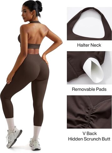 RXRXCOCO Backless Workout Sets for Women 2 Piece Halter Sports Bra Hidden Scrunch High Waisted Gym Leggings Matching Set in Kuwait