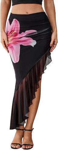 تنورة طويلة نسائية من Verdusa غير متماثلة ذات فتحة عالية شبكية وحاشية مكشكشة ومكشكشة in Kuwait