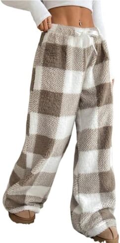 Womens Plush Pajama Pants Plaid Pj Bottoms Winter Warm Fuzzy Fleece Lounge Pants in Kuwait