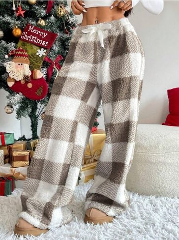 Womens Plush Pajama Pants Plaid Pj Bottoms Winter Warm Fuzzy Fleece Lounge Pants in Kuwait