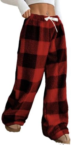 Womens Plush Pajama Pants Plaid Pj Bottoms Winter Warm Fuzzy Fleece Lounge Pants in Kuwait