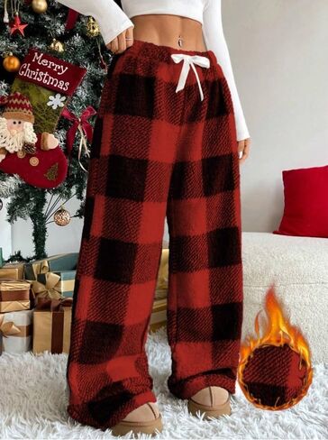 Womens Plush Pajama Pants Plaid Pj Bottoms Winter Warm Fuzzy Fleece Lounge Pants in Kuwait