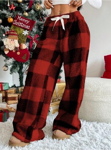 Womens Plush Pajama Pants Plaid Pj Bottoms Winter Warm Fuzzy Fleece Lounge Pants in Kuwait