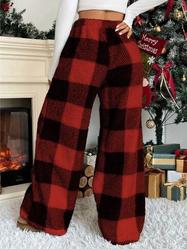 Womens Plush Pajama Pants Plaid Pj Bottoms Winter Warm Fuzzy Fleece Lounge Pants in Kuwait