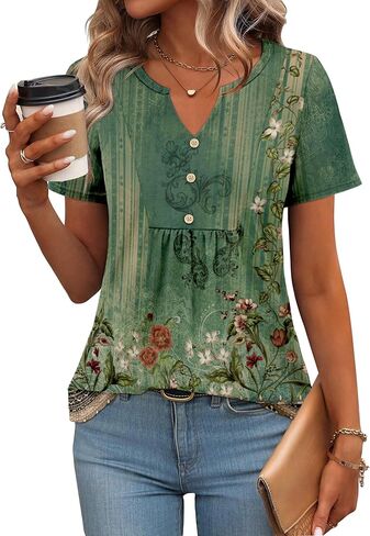 Zeagoo Womens Short Sleeve Tops Summer Henley V-Neck Tshirts Casual Pleated Blouse Dressy Loose Floral Basic Tee in Kuwait
