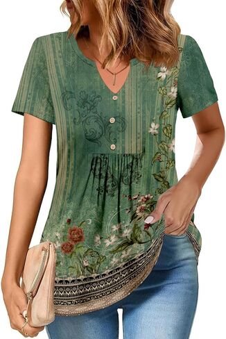 Zeagoo Womens Short Sleeve Tops Summer Henley V-Neck Tshirts Casual Pleated Blouse Dressy Loose Floral Basic Tee in Kuwait