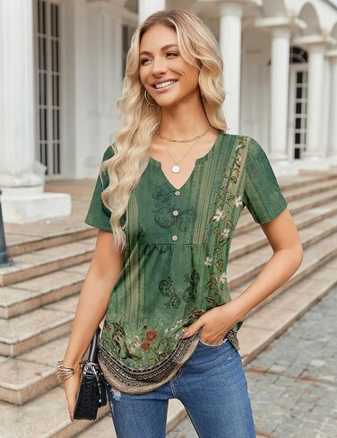 Zeagoo Womens Short Sleeve Tops Summer Henley V-Neck Tshirts Casual Pleated Blouse Dressy Loose Floral Basic Tee in Kuwait