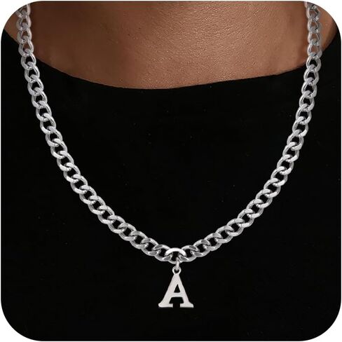 Initial A-Z Cuban Link Chain Necklace for Men, Stainless Steel Letter Pendant Necklace Diamond Cut 6MM Cuban Link Chain Initial Necklace Gifts for Men Father Boyfriends in Kuwait