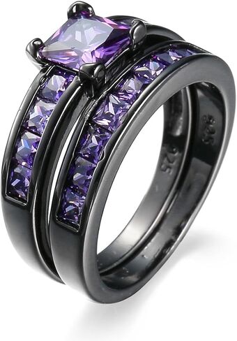 2in1 Retro Black Halo Princess Cut Created Pink Topaz Ruby Amethyst Cubic Zirconia Wedding Engagement Eternity Square Rings Set Women's Band Vintage for Bridal Mom Lover in Saudi Arabia