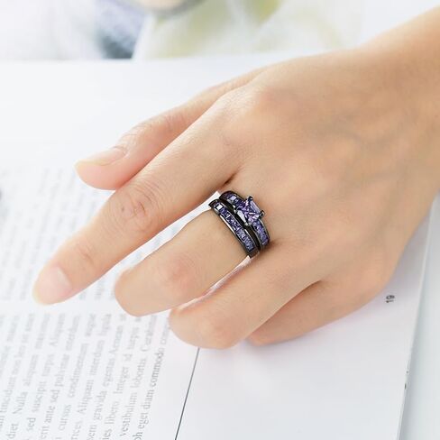 2in1 Retro Black Halo Princess Cut Created Pink Topaz Ruby Amethyst Cubic Zirconia Wedding Engagement Eternity Square Rings Set Women's Band Vintage for Bridal Mom Lover in Saudi Arabia