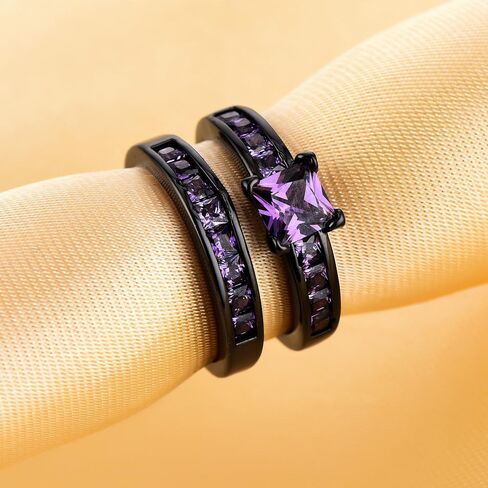 2in1 Retro Black Halo Princess Cut Created Pink Topaz Ruby Amethyst Cubic Zirconia Wedding Engagement Eternity Square Rings Set Women's Band Vintage for Bridal Mom Lover in Saudi Arabia