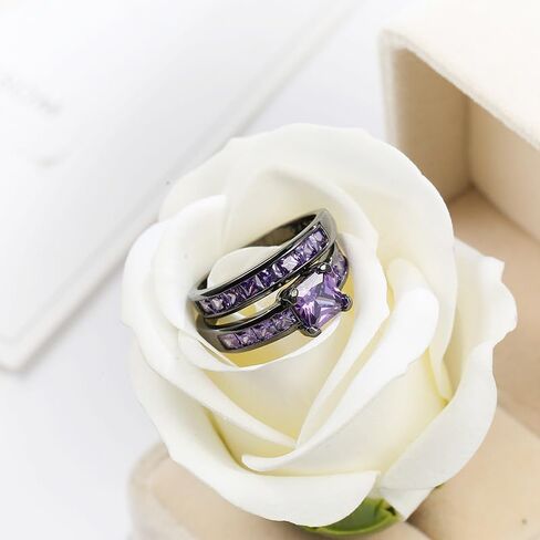2in1 Retro Black Halo Princess Cut Created Pink Topaz Ruby Amethyst Cubic Zirconia Wedding Engagement Eternity Square Rings Set Women's Band Vintage for Bridal Mom Lover in Saudi Arabia