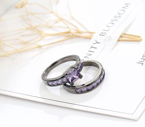 2in1 Retro Black Halo Princess Cut Created Pink Topaz Ruby Amethyst Cubic Zirconia Wedding Engagement Eternity Square Rings Set Women's Band Vintage for Bridal Mom Lover in Saudi Arabia