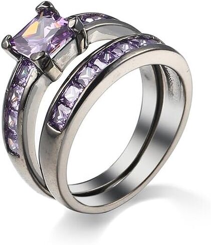 2in1 Retro Black Halo Princess Cut Created Pink Topaz Ruby Amethyst Cubic Zirconia Wedding Engagement Eternity Square Rings Set Women's Band Vintage for Bridal Mom Lover in Saudi Arabia