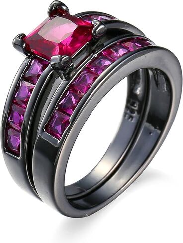 2in1 Retro Black Halo Princess Cut Created Pink Topaz Ruby Amethyst Cubic Zirconia Wedding Engagement Eternity Square Rings Set Women's Band Vintage for Bridal Mom Lover in Saudi Arabia