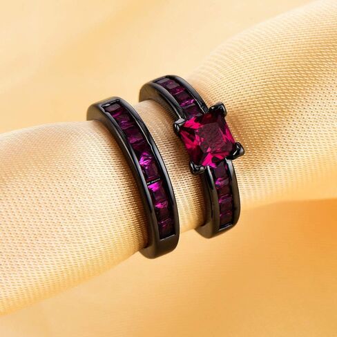 2in1 Retro Black Halo Princess Cut Created Pink Topaz Ruby Amethyst Cubic Zirconia Wedding Engagement Eternity Square Rings Set Women's Band Vintage for Bridal Mom Lover in Saudi Arabia