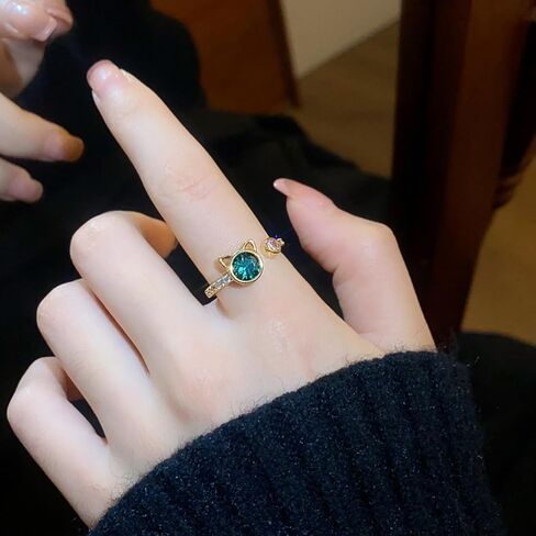 OIDIMS Cute Cat Ring for Women 14k Gold Plated Adjustable Open Band Green Crystal Cubic Zirconia Dainty Fashion Stackable Ring Pet Lover Jewelry for Engagement Promise Friendship in Saudi Arabia