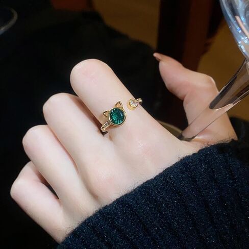 OIDIMS Cute Cat Ring for Women 14k Gold Plated Adjustable Open Band Green Crystal Cubic Zirconia Dainty Fashion Stackable Ring Pet Lover Jewelry for Engagement Promise Friendship in Saudi Arabia