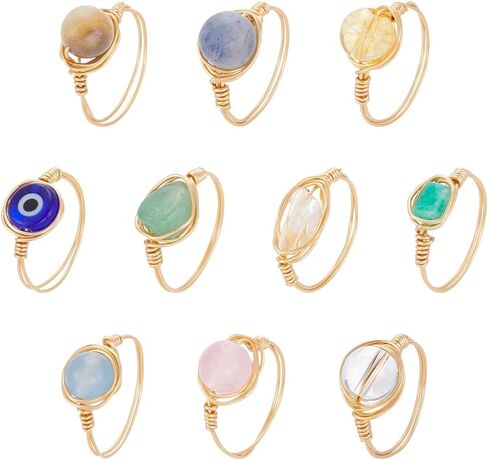 UNICRAFTALE 10Pcs Chakra Crystal Rings 10 Styles Gemstone Rings Copper Wire Wrapped Ring Irregular Colorful Gem Ring for Women in Saudi Arabia
