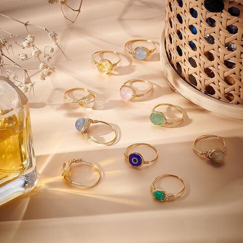 UNICRAFTALE 10Pcs Chakra Crystal Rings 10 Styles Gemstone Rings Copper Wire Wrapped Ring Irregular Colorful Gem Ring for Women in Saudi Arabia