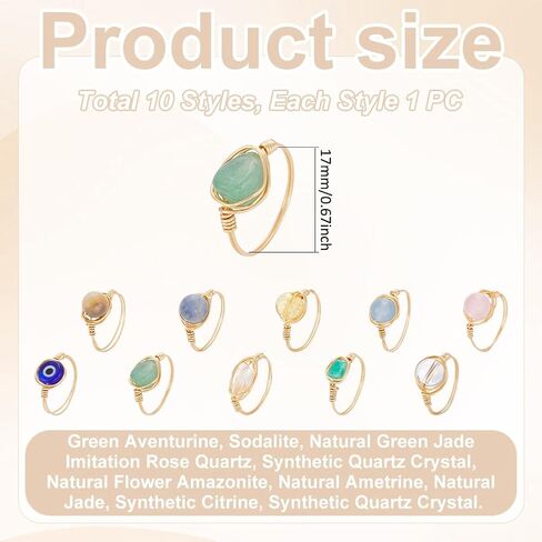 UNICRAFTALE 10Pcs Chakra Crystal Rings 10 Styles Gemstone Rings Copper Wire Wrapped Ring Irregular Colorful Gem Ring for Women in Saudi Arabia