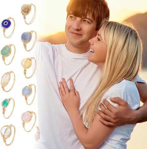UNICRAFTALE 10Pcs Chakra Crystal Rings 10 Styles Gemstone Rings Copper Wire Wrapped Ring Irregular Colorful Gem Ring for Women in Saudi Arabia
