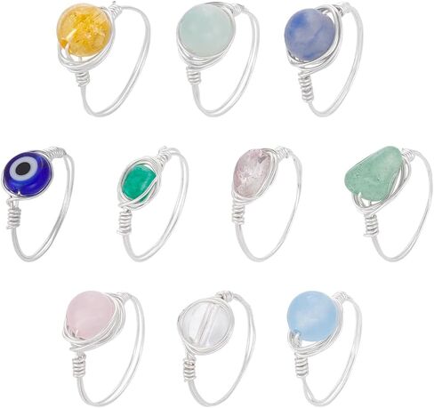 UNICRAFTALE 10Pcs Chakra Crystal Rings 10 Styles Gemstone Rings Copper Wire Wrapped Ring Irregular Colorful Gem Ring for Women in Saudi Arabia