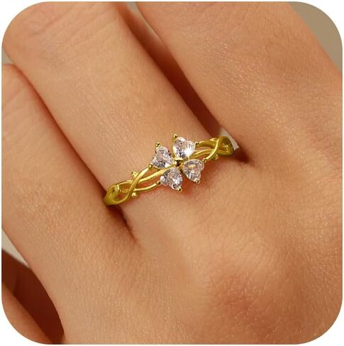 Lucky Leaf Ring for Women 925 Sterling Silver Lucky White CZ Ring to Daughter 14K Gold Plated Exquisite Simple Twig Branch Adjustable Ring for Mother Jewelry Gifts Birthday Gift in Kuwait