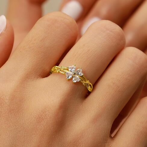 Lucky Leaf Ring for Women 925 Sterling Silver Lucky White CZ Ring to Daughter 14K Gold Plated Exquisite Simple Twig Branch Adjustable Ring for Mother Jewelry Gifts Birthday Gift in Kuwait