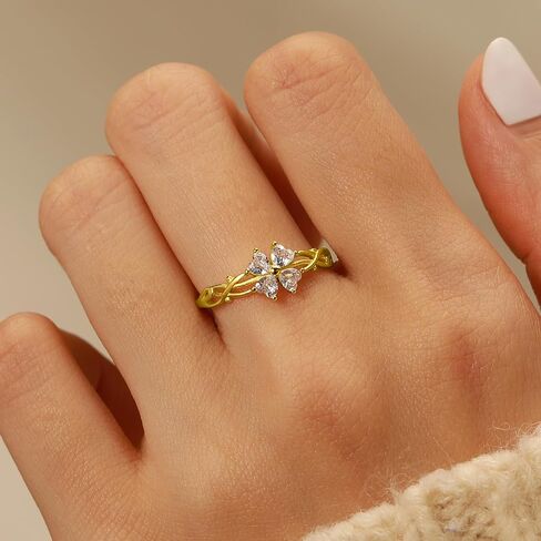 Lucky Leaf Ring for Women 925 Sterling Silver Lucky White CZ Ring to Daughter 14K Gold Plated Exquisite Simple Twig Branch Adjustable Ring for Mother Jewelry Gifts Birthday Gift in Kuwait