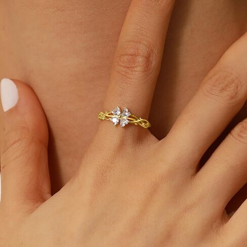 Lucky Leaf Ring for Women 925 Sterling Silver Lucky White CZ Ring to Daughter 14K Gold Plated Exquisite Simple Twig Branch Adjustable Ring for Mother Jewelry Gifts Birthday Gift in Kuwait