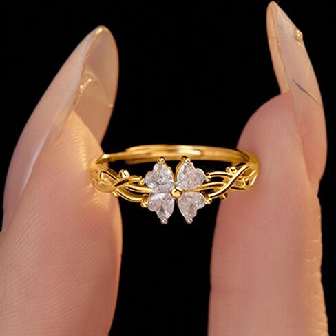 Lucky Leaf Ring for Women 925 Sterling Silver Lucky White CZ Ring to Daughter 14K Gold Plated Exquisite Simple Twig Branch Adjustable Ring for Mother Jewelry Gifts Birthday Gift in Kuwait