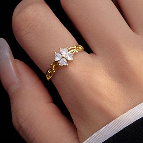 Lucky Leaf Ring for Women 925 Sterling Silver Lucky White CZ Ring to Daughter 14K Gold Plated Exquisite Simple Twig Branch Adjustable Ring for Mother Jewelry Gifts Birthday Gift in Kuwait