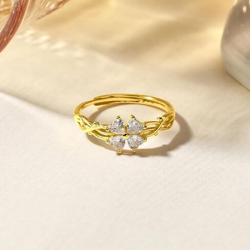 Lucky Leaf Ring for Women 925 Sterling Silver Lucky White CZ Ring to Daughter 14K Gold Plated Exquisite Simple Twig Branch Adjustable Ring for Mother Jewelry Gifts Birthday Gift in Kuwait
