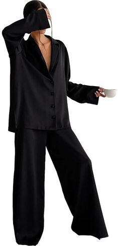 Womens Satin Pajamas Set Oversized Button Down Shirt and Wide Leg Pants Set Long Sleeve Sleepwear in Saudi Arabia